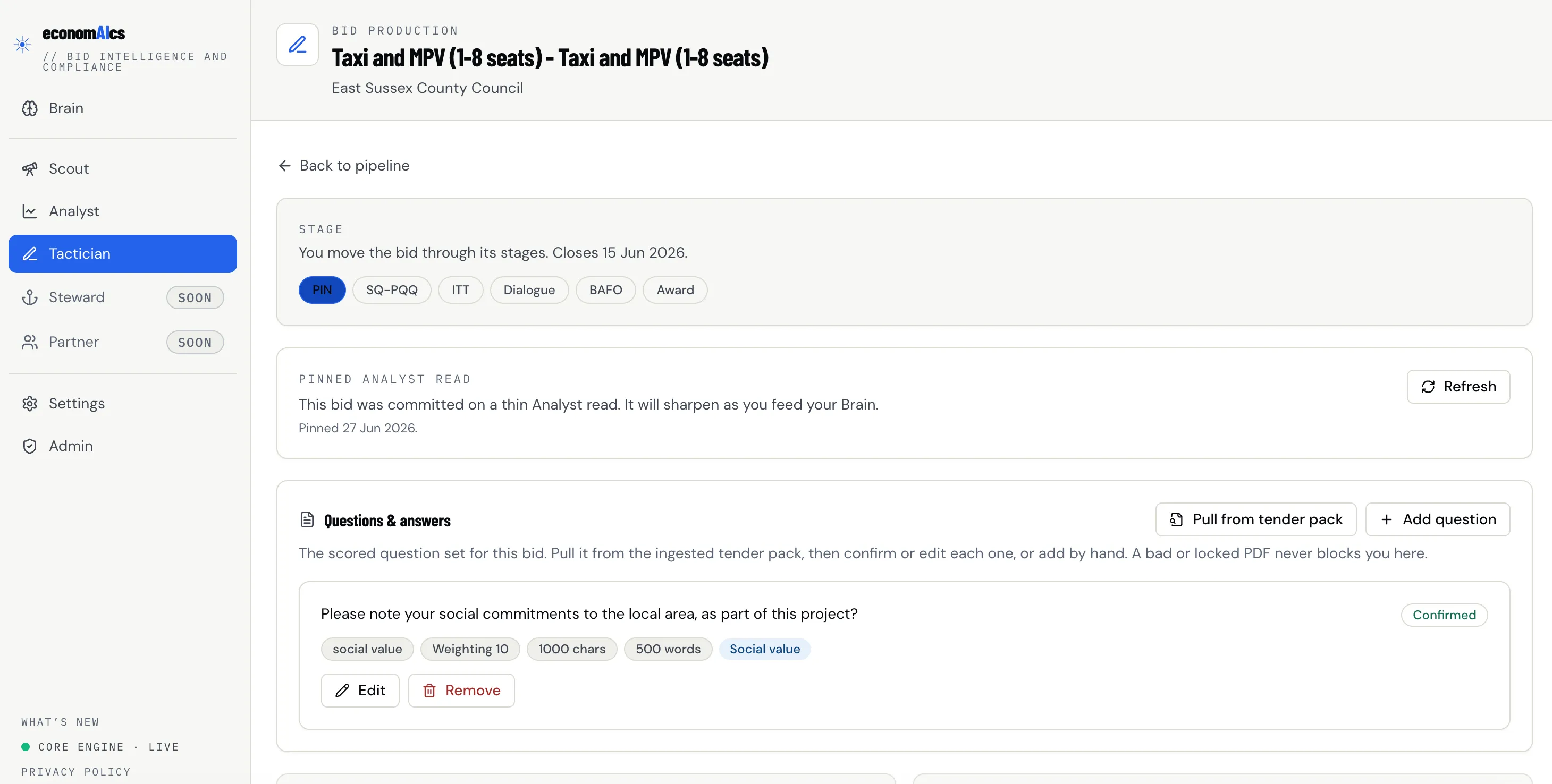 The Tactician bid workspace, the scored question set pulled from the tender pack